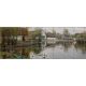 Tile mural with countryside lake scene, ducks, geese, and rustic cottages